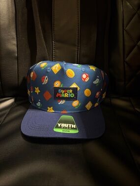 Nintendo Super Mario Blue Youth Snapback Cap with Colorful Icons